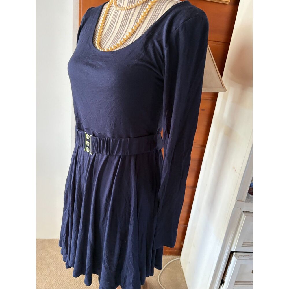 Forever 21 Navy Blue Belted Fall Cotton Holiday Fit & Flare Stretch Skater Dress